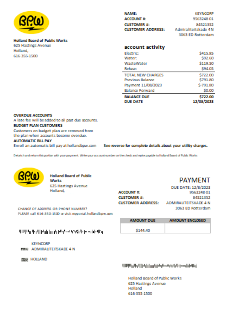 Holland BPW utility business bill,  SCR PSD template